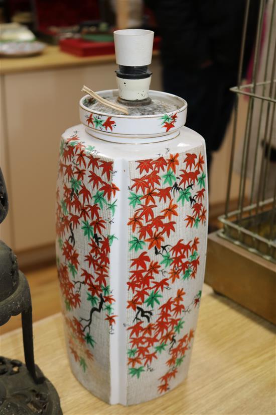 A Chinese scroll box, a lamp stand and pair of vases lamp stand height 58cm